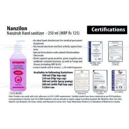 Nanzilon / Nanzirub 250ml Hand sanitizer (Flip top cap)