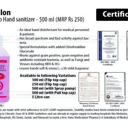 Nanzilon / Nanzirub 500ml Hand sanitizer (with full top cap)