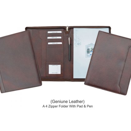Personalized A 4 Zipper Folder With Pad & Pen - Genuine Leather