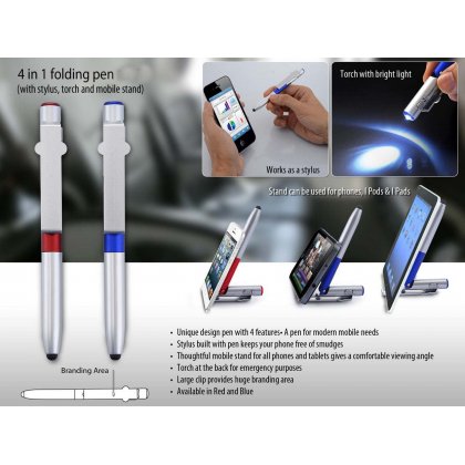 Personalized 4 In 1 Folding Pen With Stylus, Torch And Mobile Stand