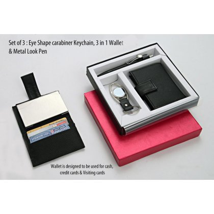 Personalized Set of 3 : Eye Shape Carabineer Keychain, 3 In 1 Wallet