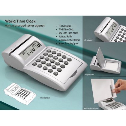 Personalized World Time Calendar Clock/ Calculator/ Motorized Letter Opener/ Pad Holder